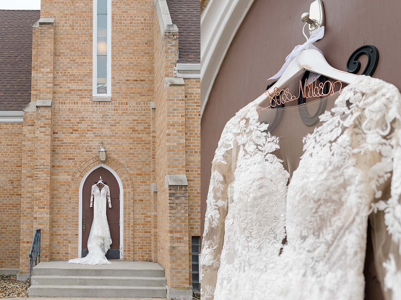 Bridal dress hung up on a church for a Boardwalk wedding in North Dakota. 