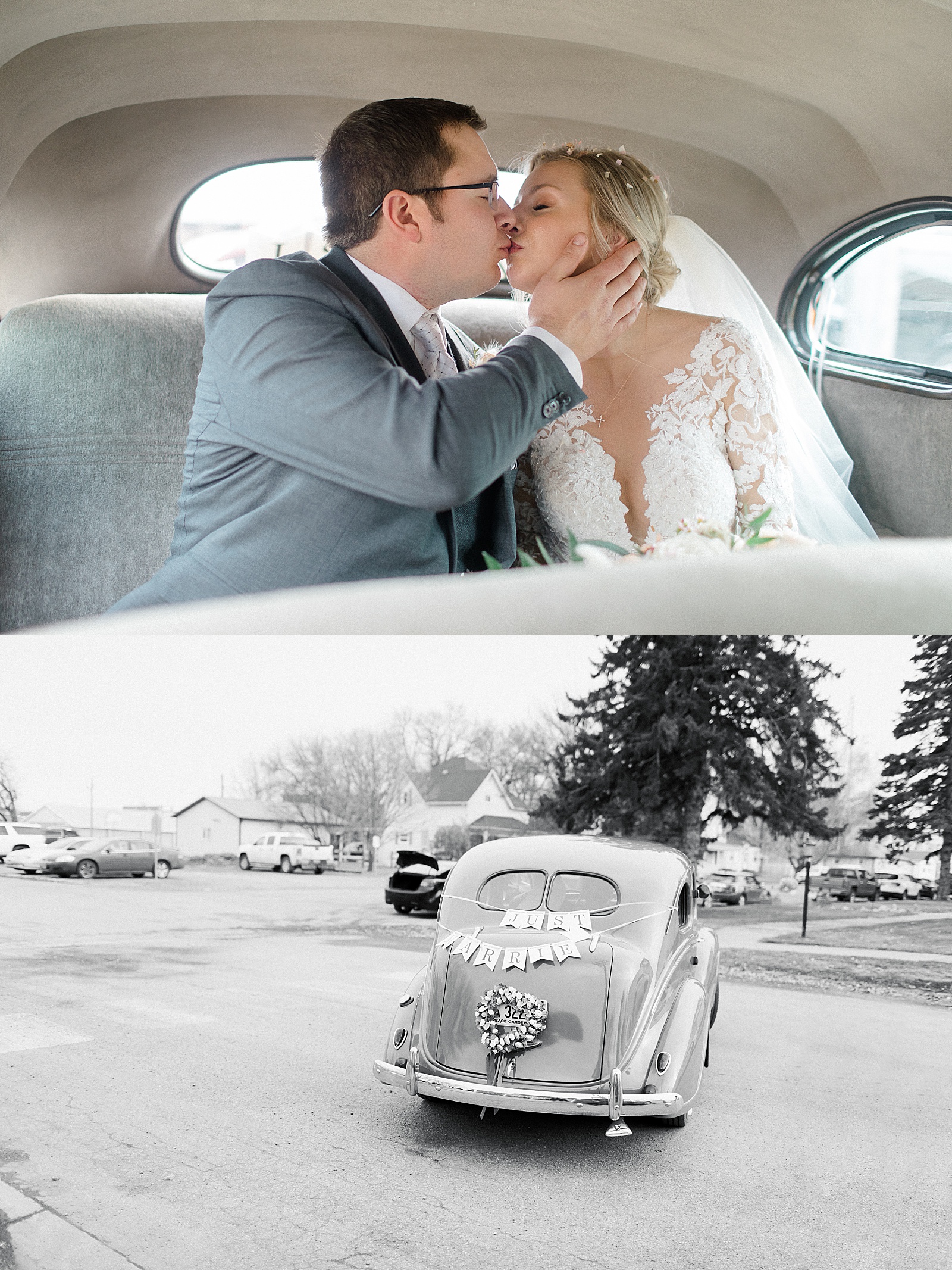 Bride and groom kiss in the back of the car at their Boardwalk wedding in North Dakota. 