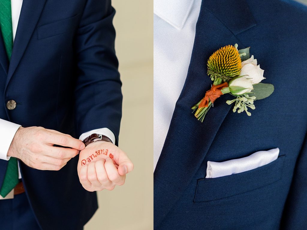 Groom adjusting his watch with henna on his hand for Afghanistan wedding in North Dakota. 