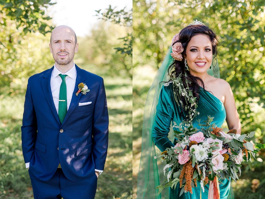 Bride and groom portraits in a green garden before their Afghanistan wedding ceremony. 