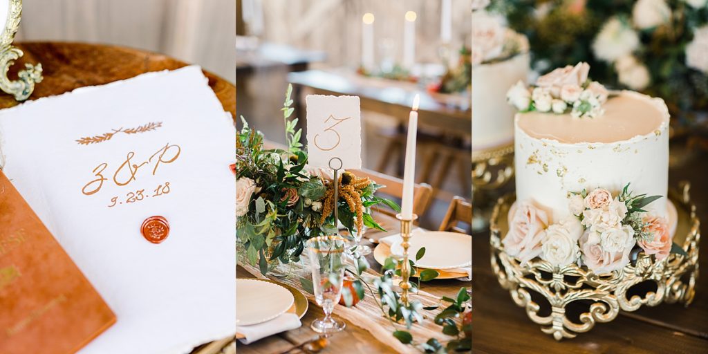 Gold, pink and orange wedding details at a reception at Weston Timber Barn Farm in North Dakota.