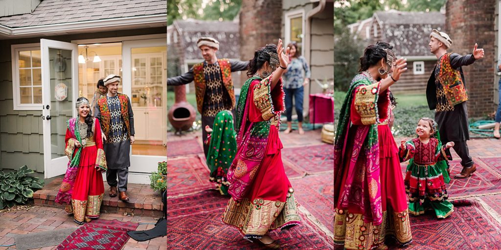 Bride and groom dancing at their henna ceremony a few days before their wedding. 