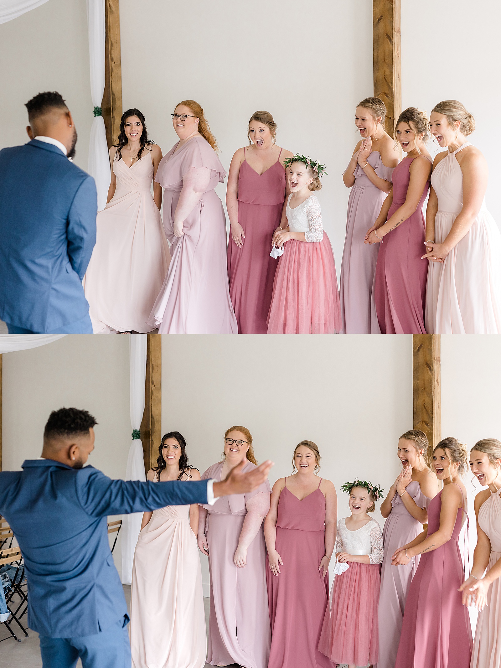Groom doing a reveal with bridesmaids for Minnesota wedding