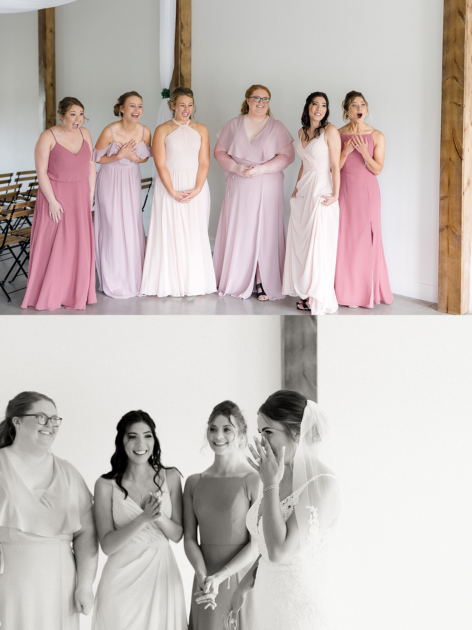 Bride doing a bridesmaid reveal with happy tears in Minnesota 
