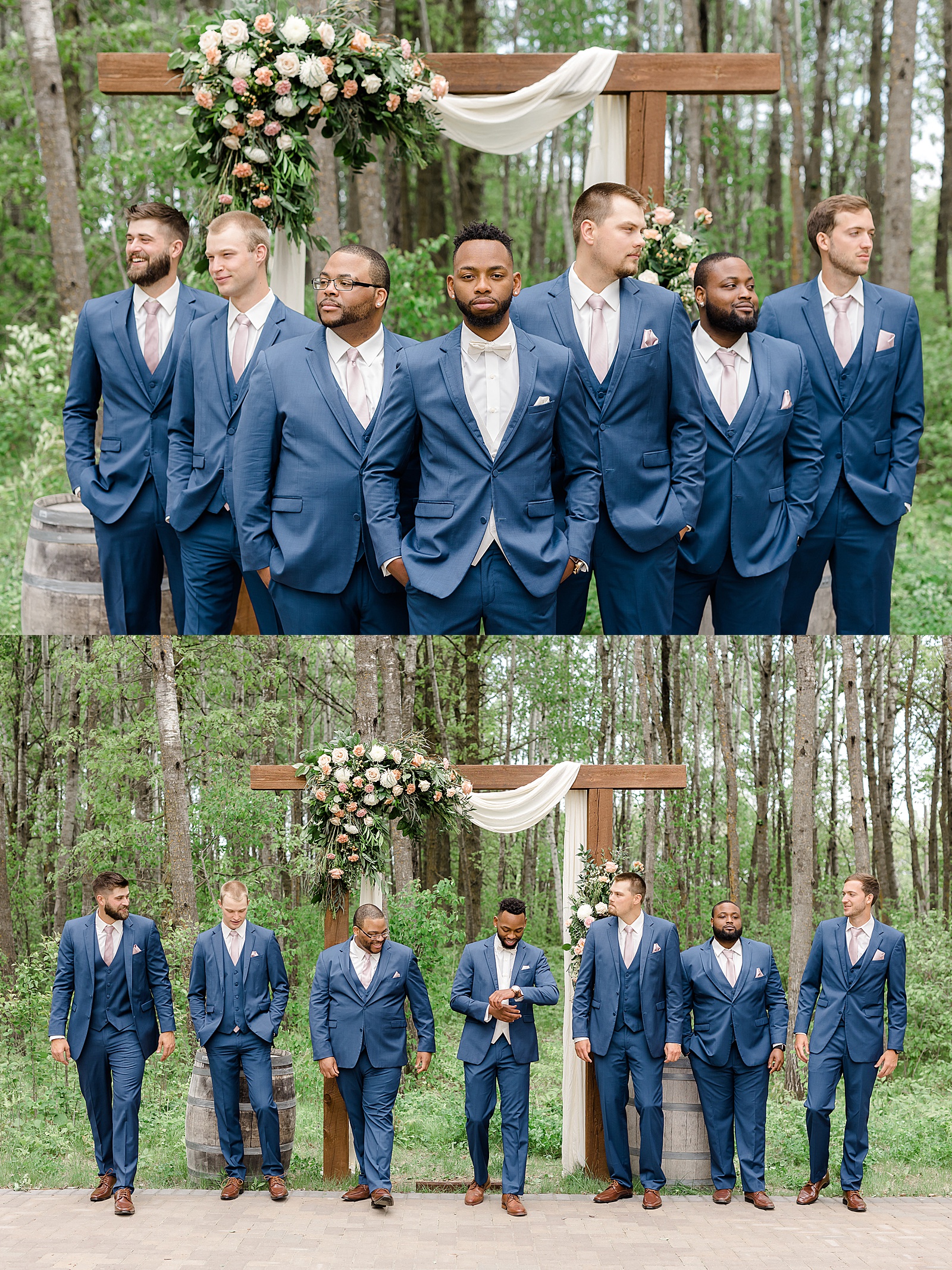 Groom with his groomsmen in navy suits at Bluebelle Events wedding 