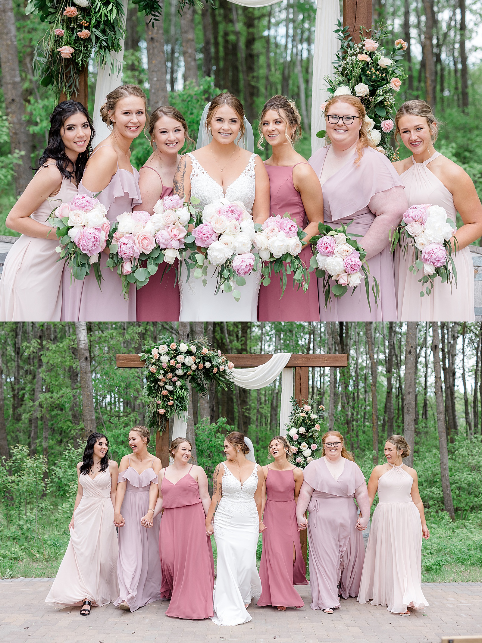 Bride with bridesmaids in pink dresses in front of arch 