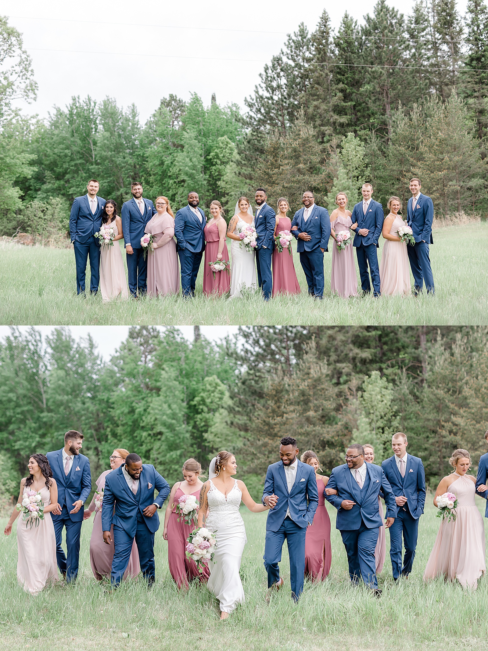 Large wedding party in navy suit & pink suit in a field 
