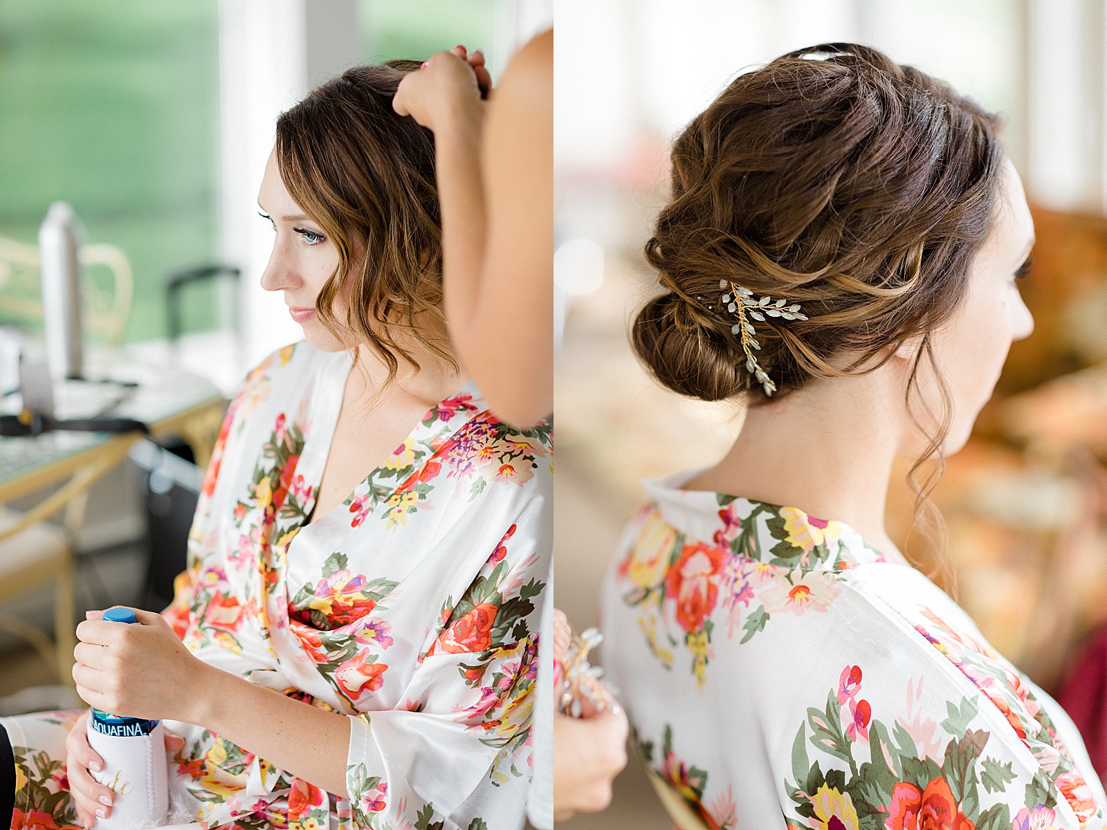Bride in colorful robe getting ready for her Minnesota Backyard Wedding