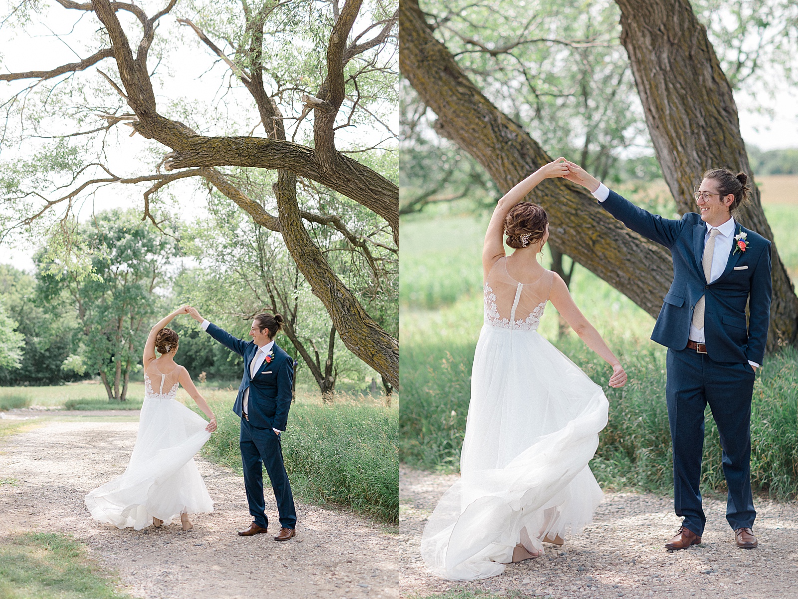 Groom spinning a bride around under a tree before their ceremony