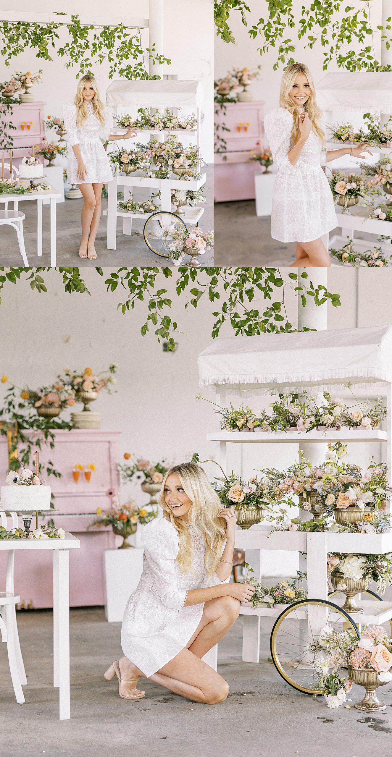 Elegant wedding guest experience cart with pink and green florals and table scape at Ivy and Rose  warehouse styled  shoot