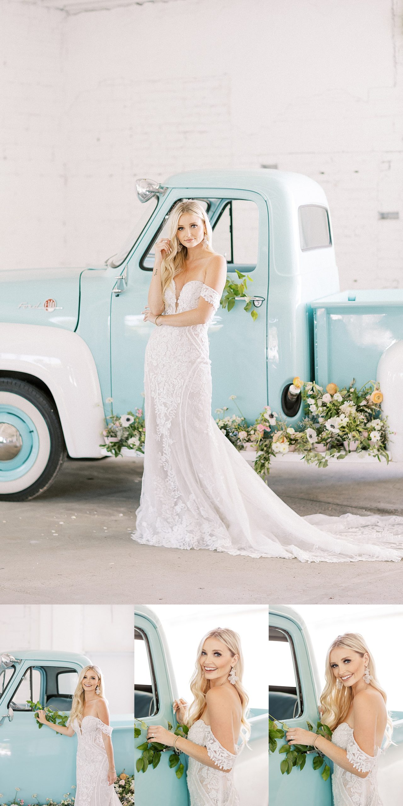 Bride getting into old vintage baby blue truck for getaway car