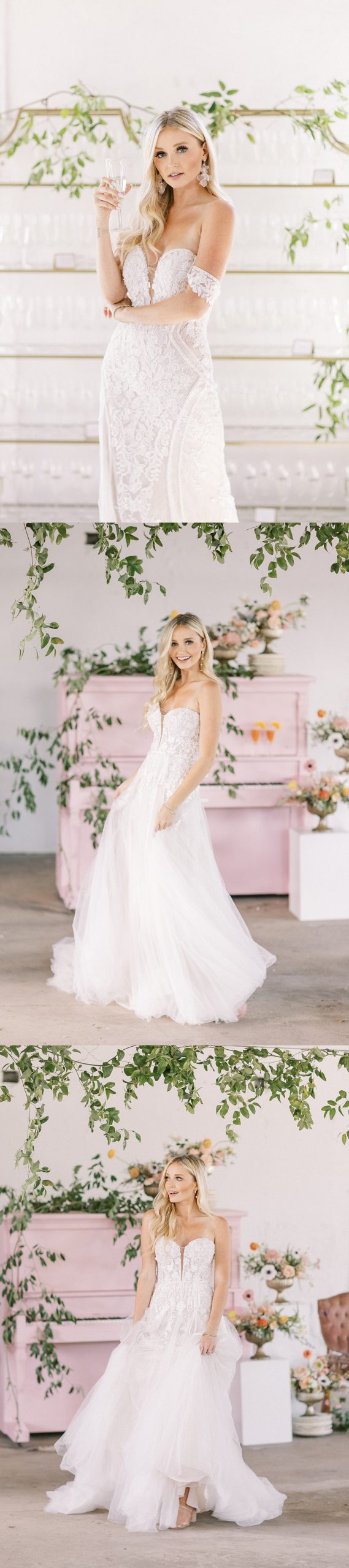 Bride standing in front of pink piano available for rent as wedding furniture with North Dakota photographer