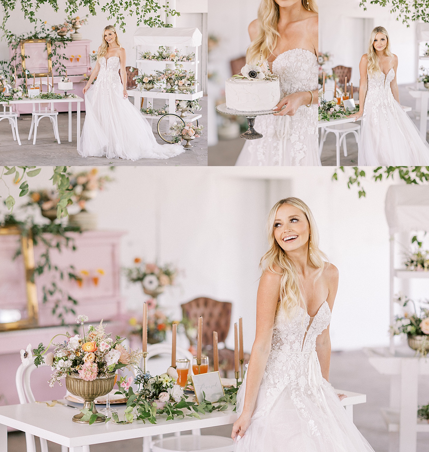 BRide in wedding gown holding cake with colorful florals and velvet rentable chairs for wedding days