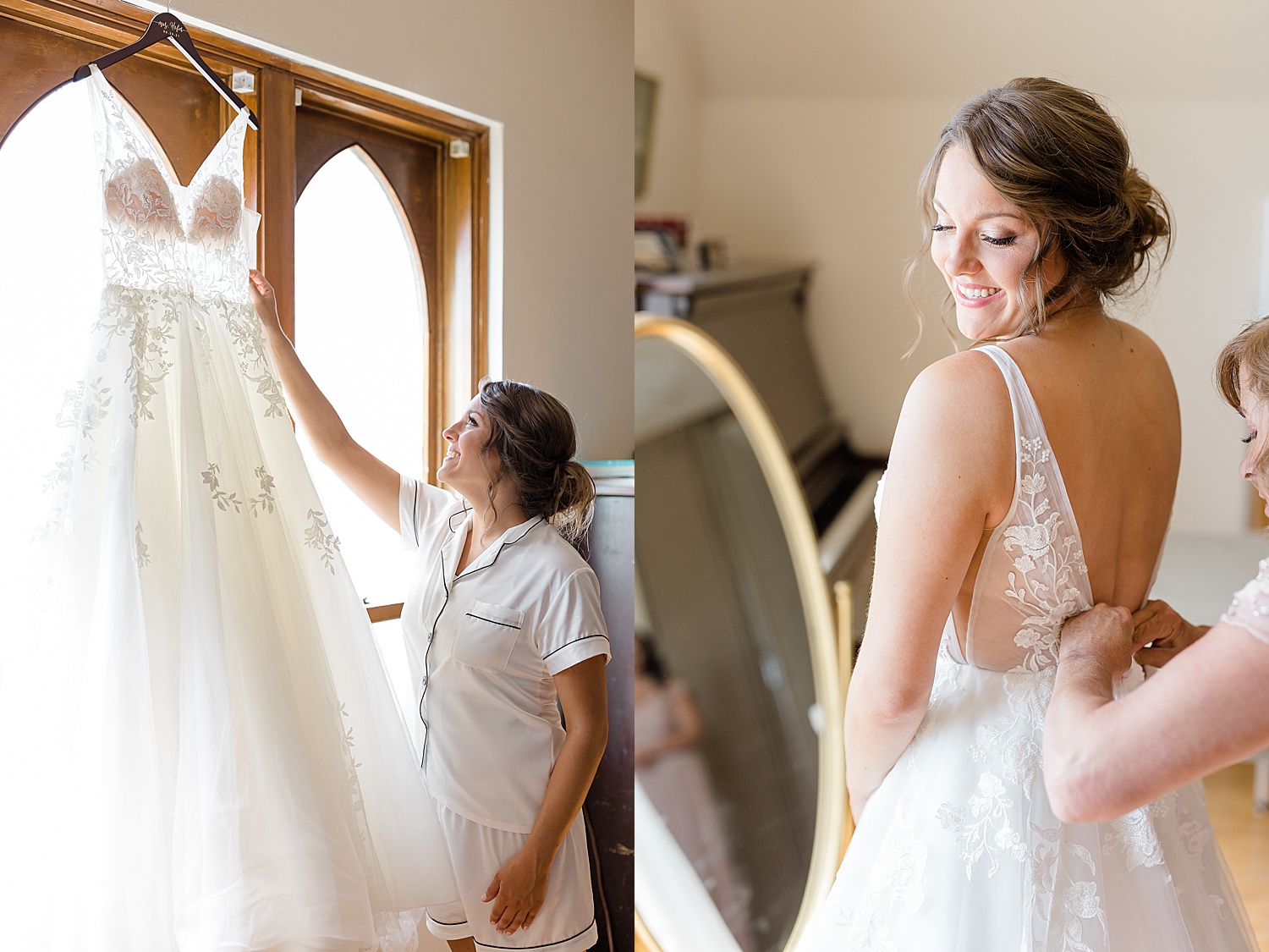 mother helping bride with finishing touches on wedding dress