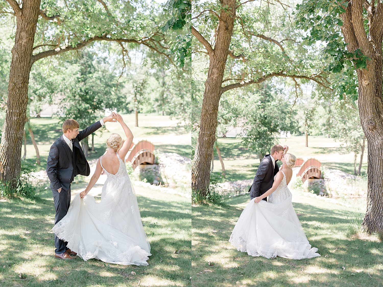 Groom spinning bride on a lawn for Hitching Post Minnesota Wedding