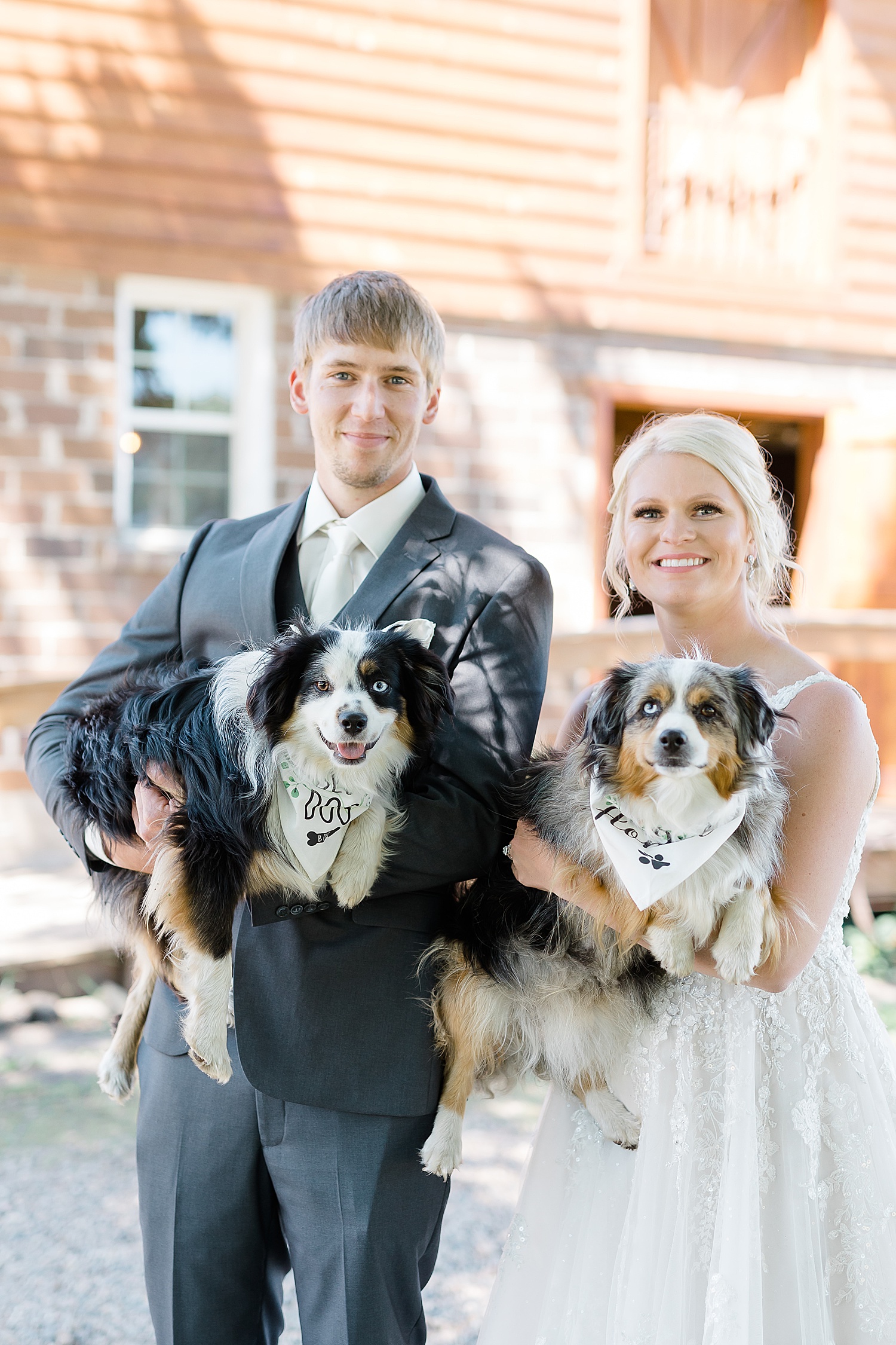 Bride and groom holding dogs at their wedding venue 