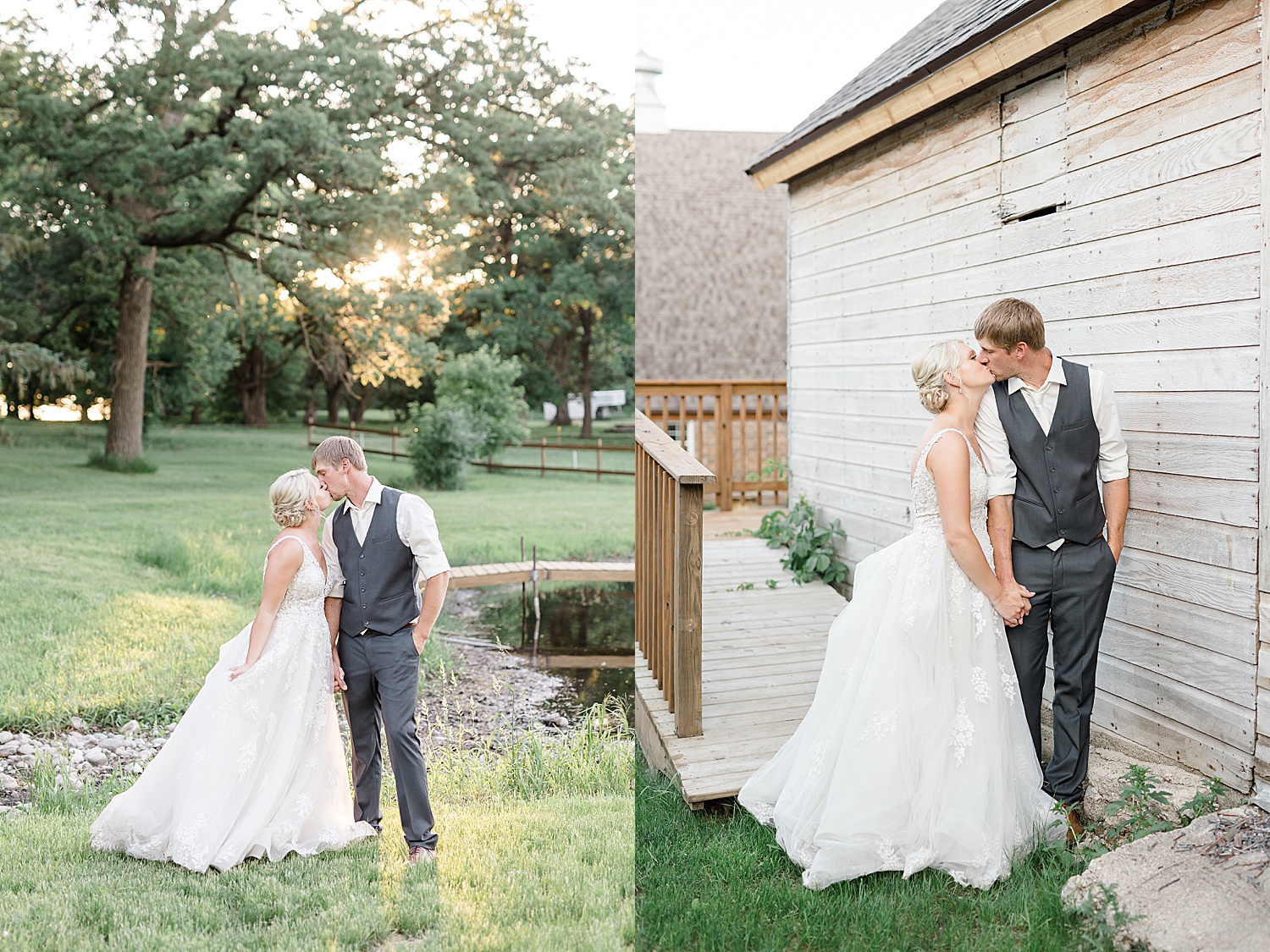 Bride and groom kissing in golden hour lighting for rustic wedding 
