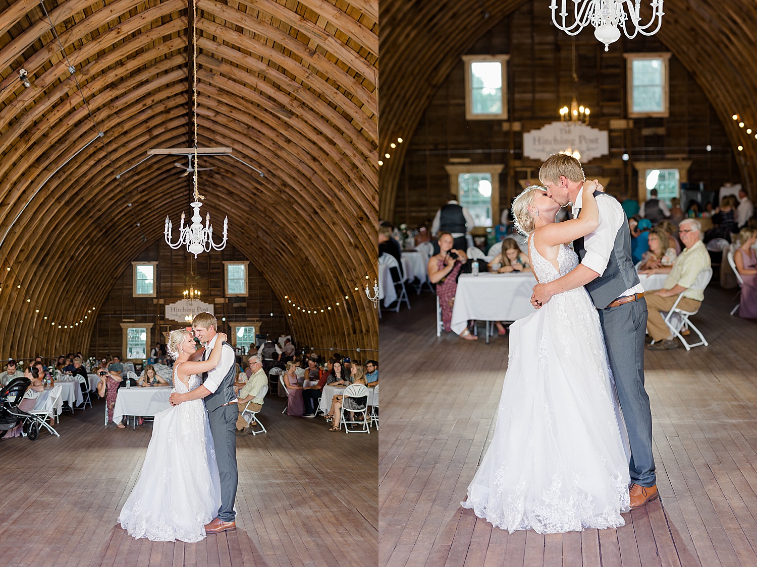 Newlyweds share first dance under the wooden ceiling at Hitching Post Minnesota Wedding
