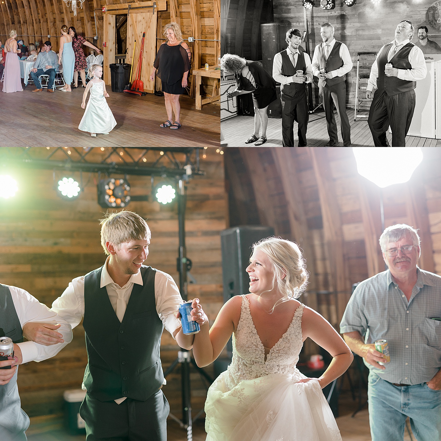 Guest dance at a fun rustic wedding in the midwest 