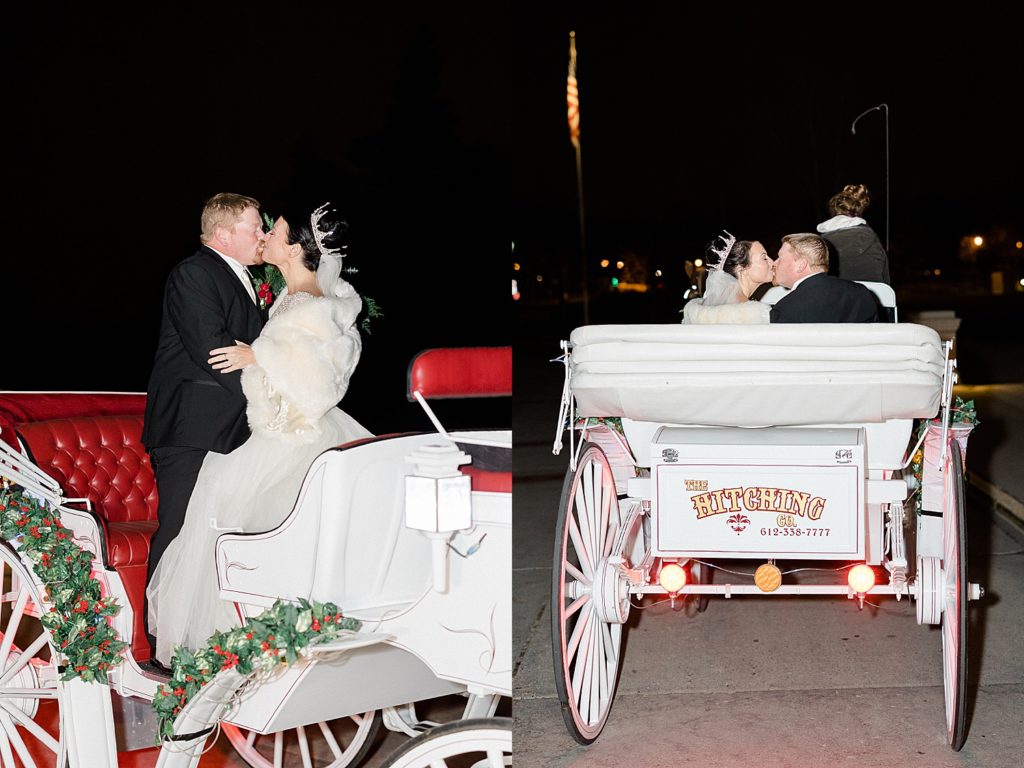 Newlyweds kissing in the back of a wedding carriage after ceremony 
