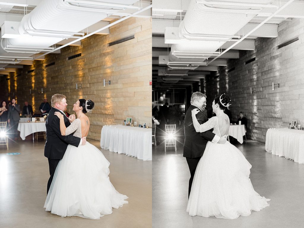 Bride and groom share first dance at their wedding reception