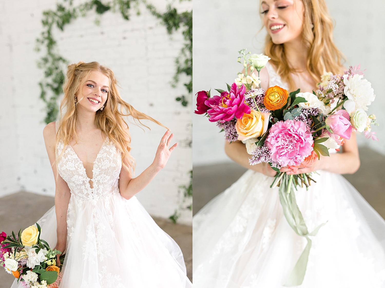 A bride with colorful flowers at North Dakota styled shoot 