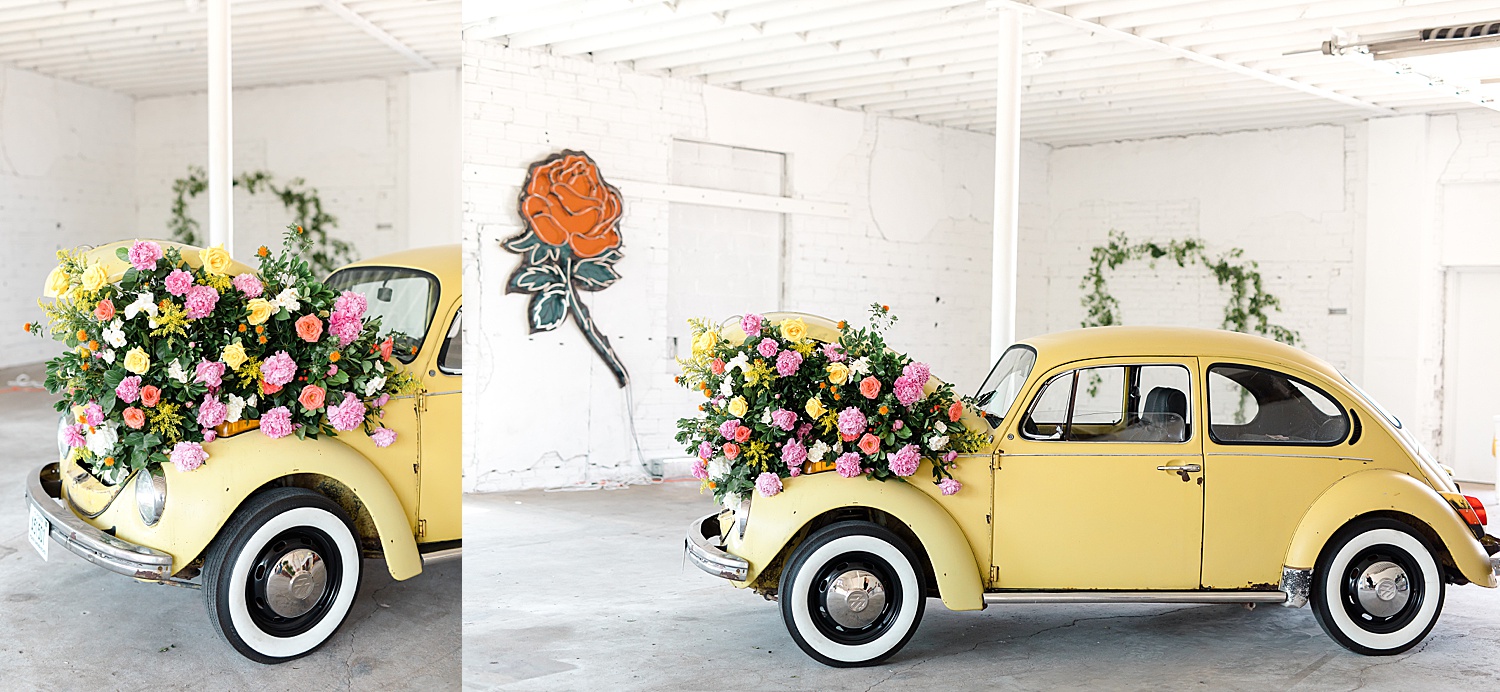 a yellow bug filled with flowers for Volkswagen spring shoot