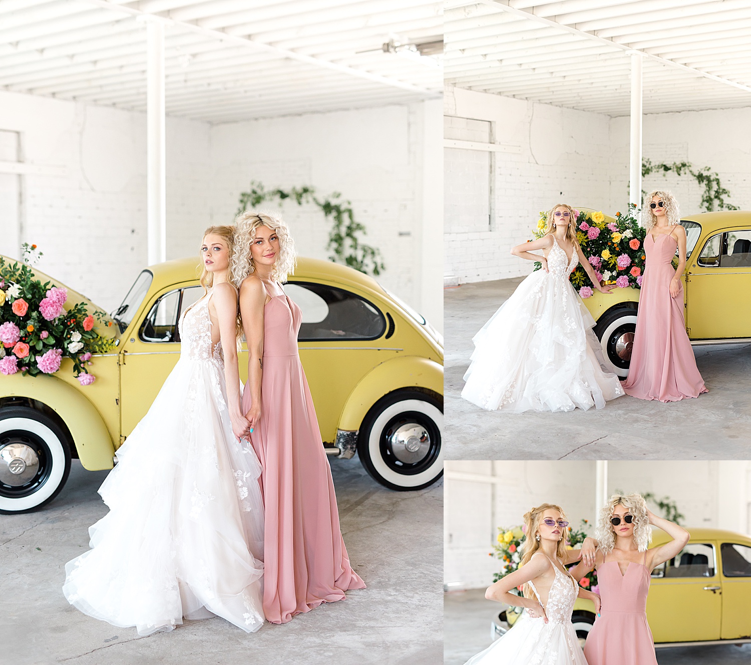 Bride and bridesmaids in front of yellow car by North Dakota photographer Fernweh & Liebe 