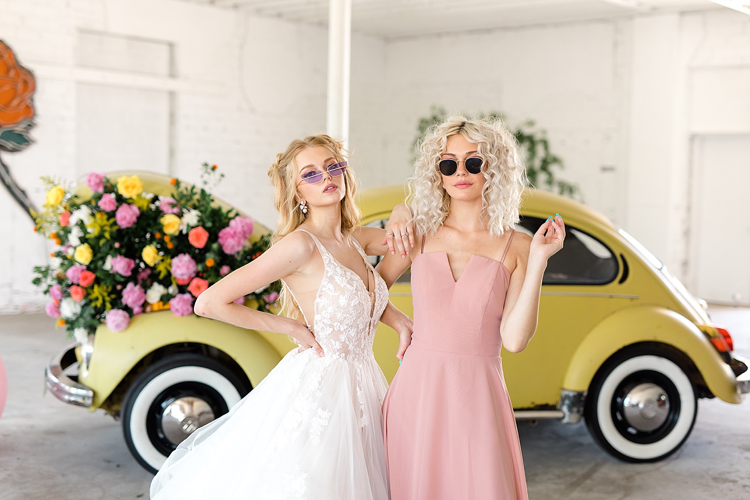 Bride and bridesmaid in sunglasses for this light and airy styled session 