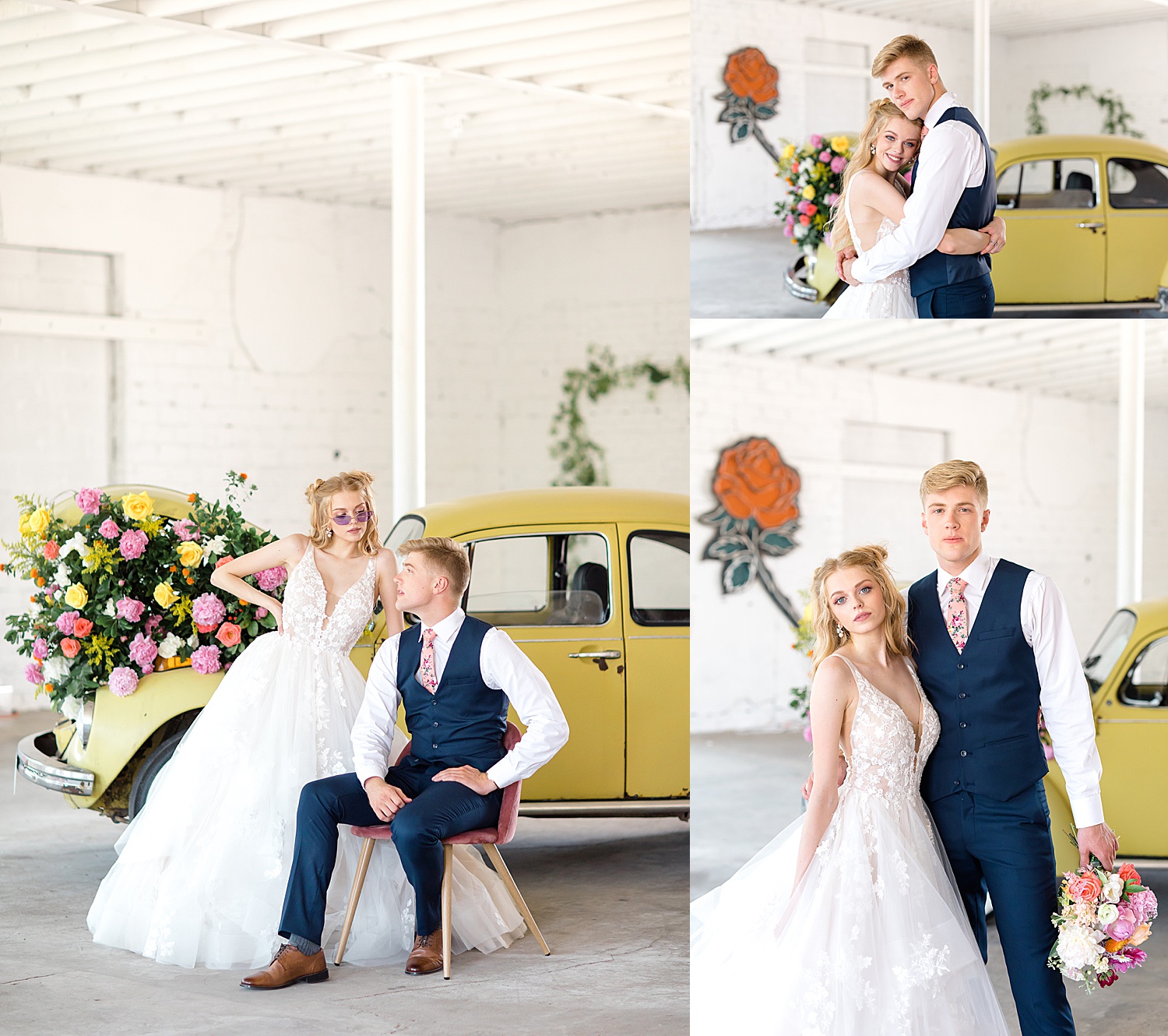 Bride and groom in front of yellow bug car for styled session 