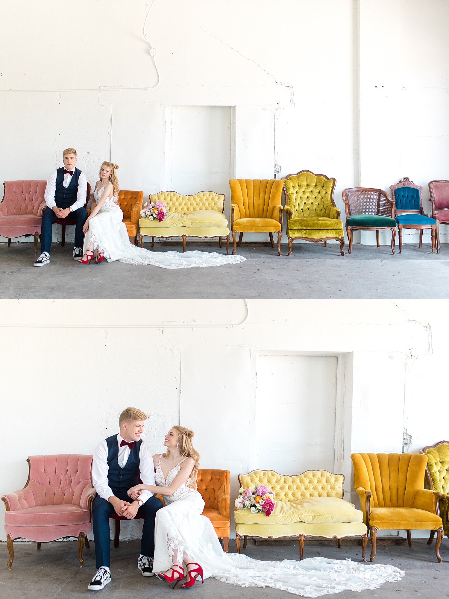 Couple sitting on a row of colorful chairs for Volkswagen spring shoot