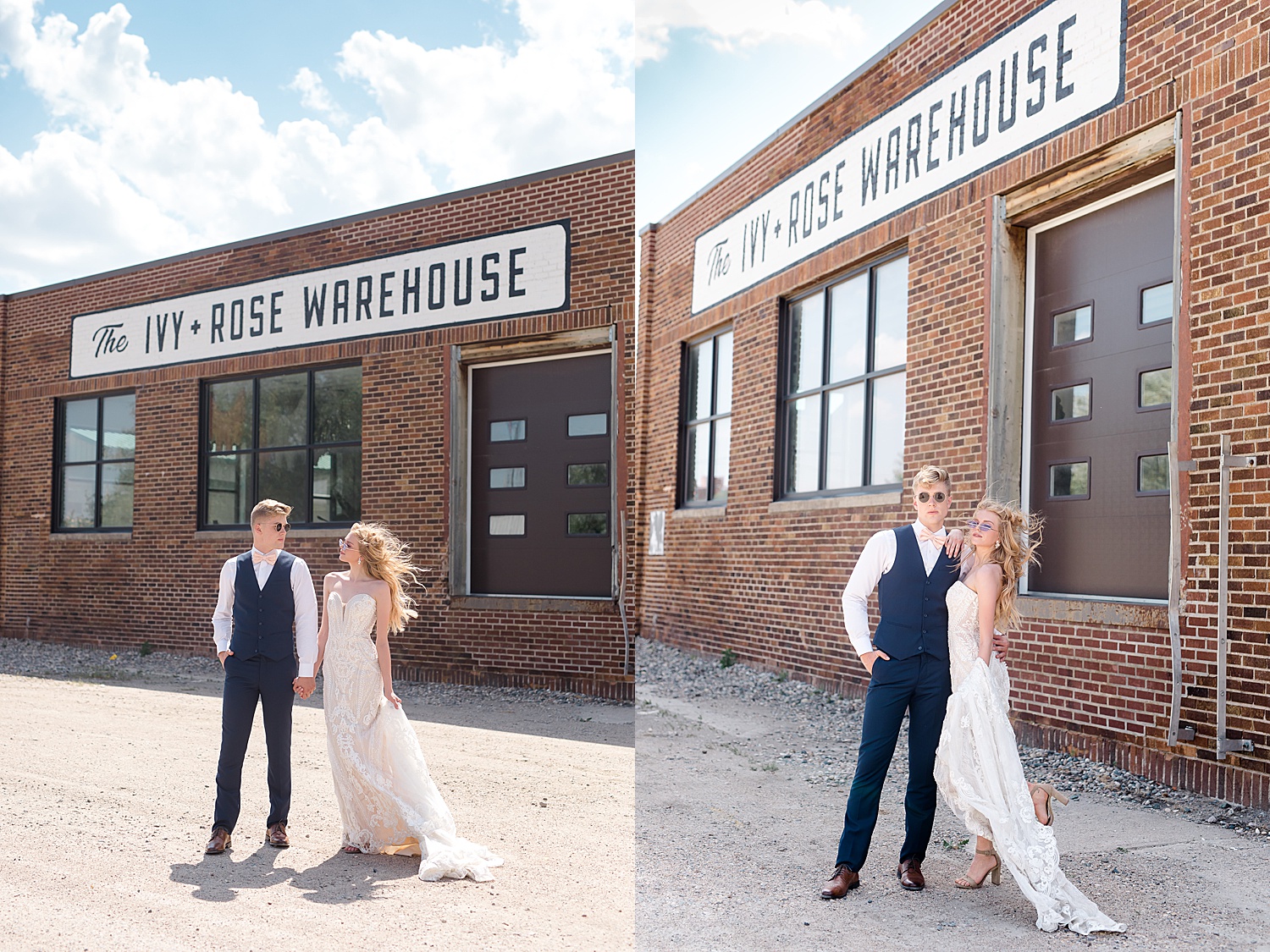 Bride and groom outside a building labeled ivy and rose warehouse 