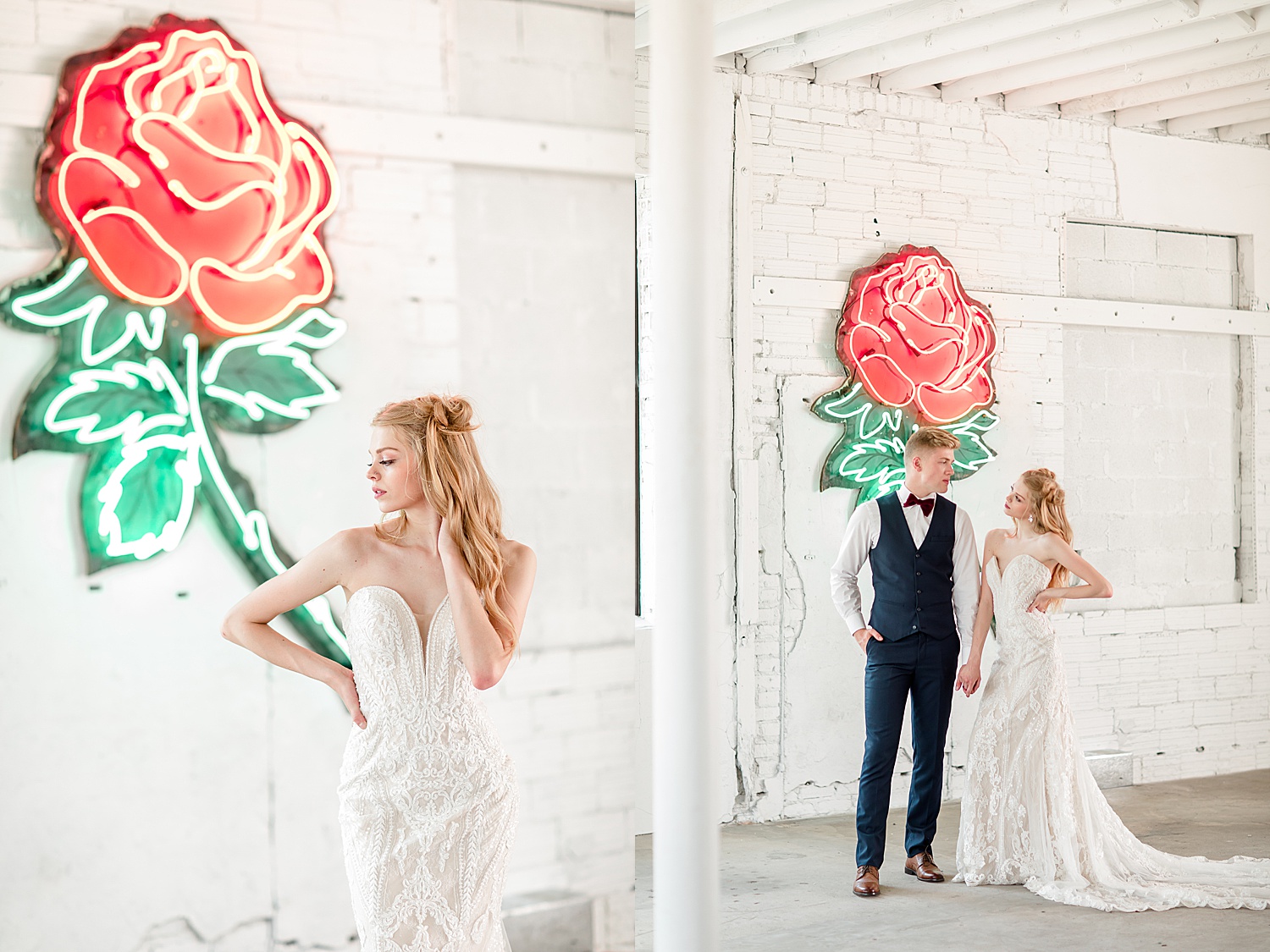 bride and groom in front of neon rose sign at Volkswagen spring shoot