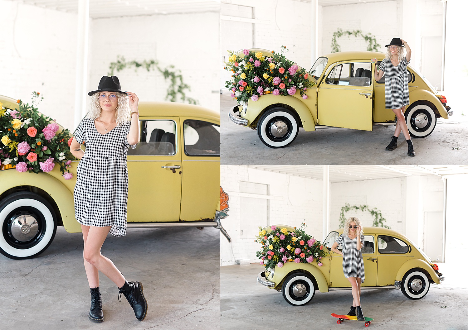 woman in checkered dress in front of car with flowers in it 