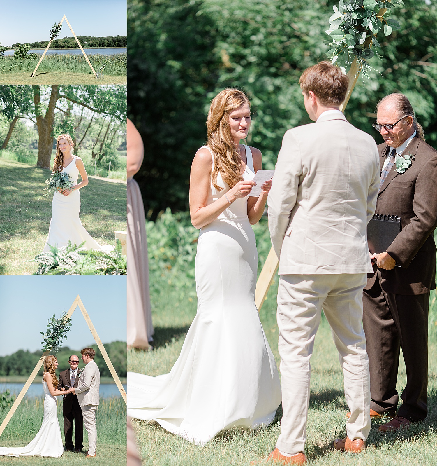 Newlyweds ceremony in Minnesota by pond and triangle arch reading vows 