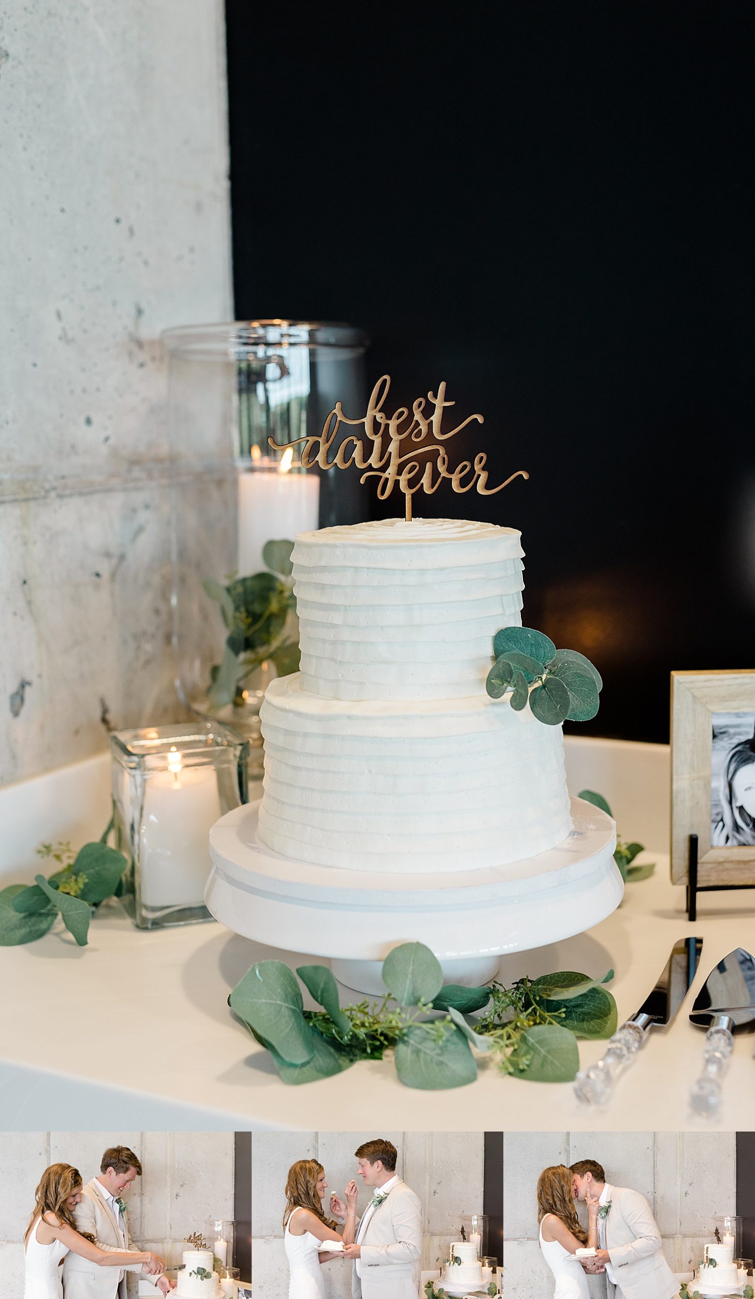 wedding cake with written topper and greenery accents before cake cutting 
