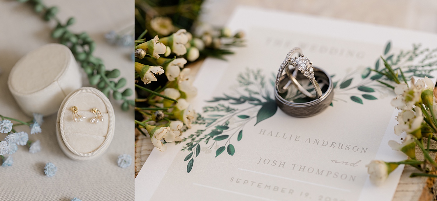 engagement and wedding bands with wedding stationery and accent florals 