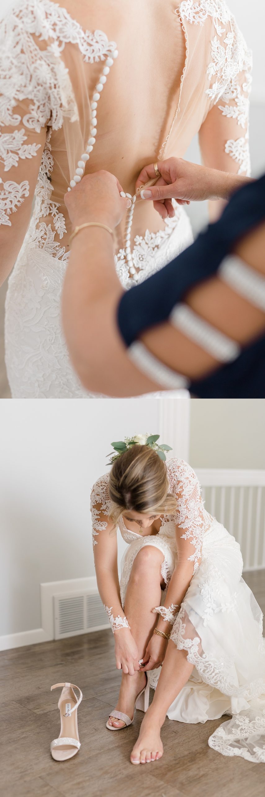 mom helping bride with final details and Hallie putting on her heels