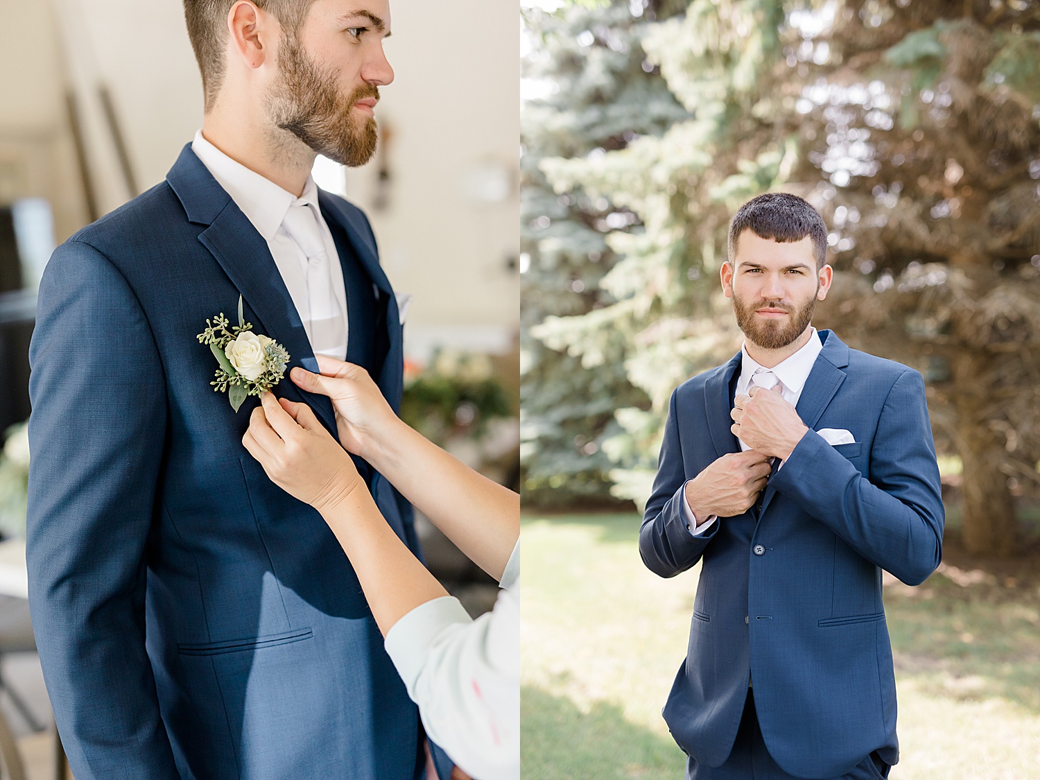 groom getting boutonniere put on suit coat on before wedding at Detroit Lakes 