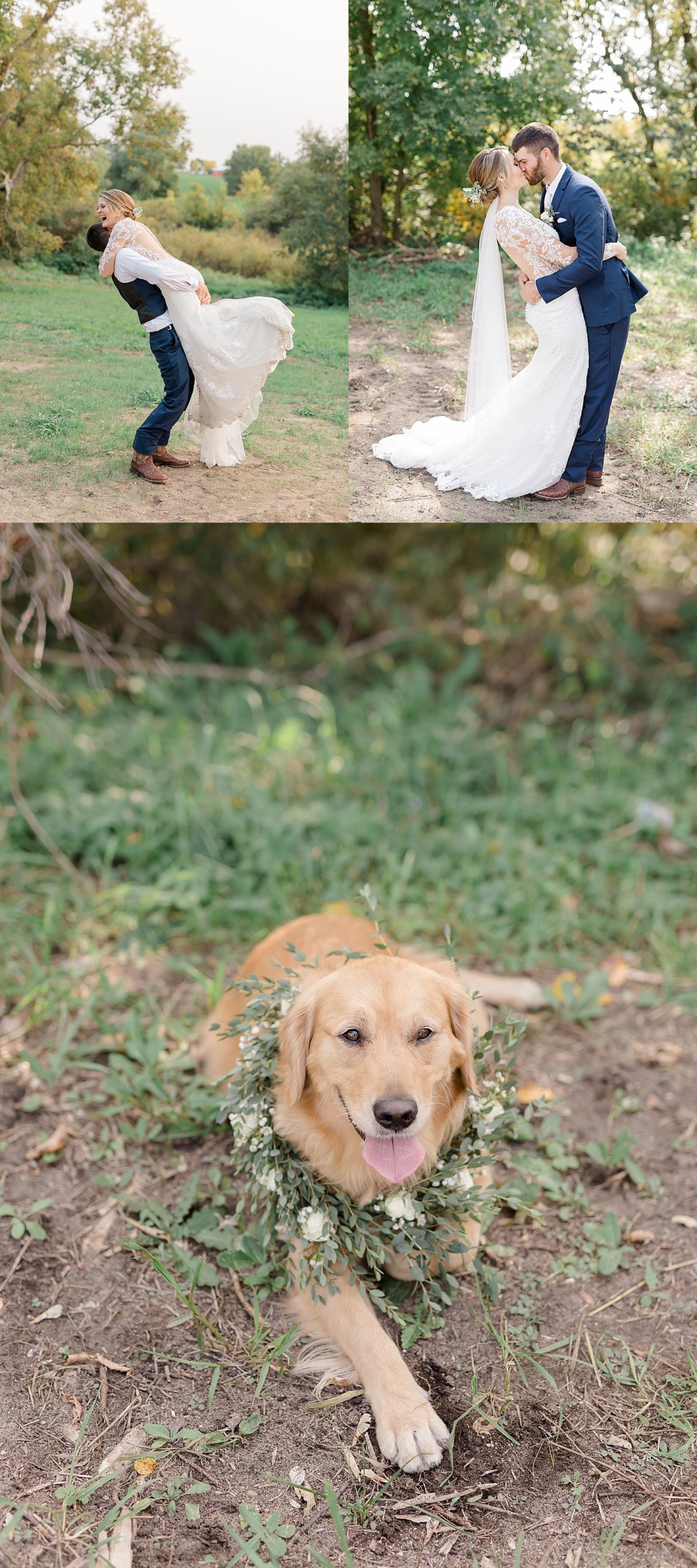 dog wearing floral collar at wedding venue on wedding day for bride and groom