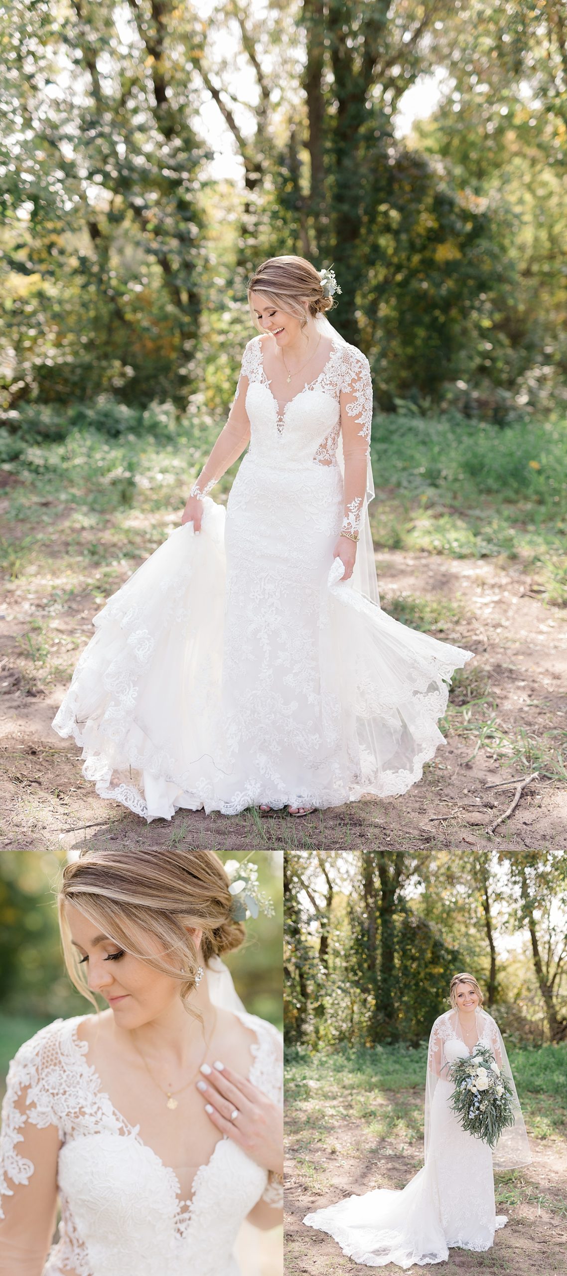 bride portraits with long sleeve mesh dress and low bun hair 