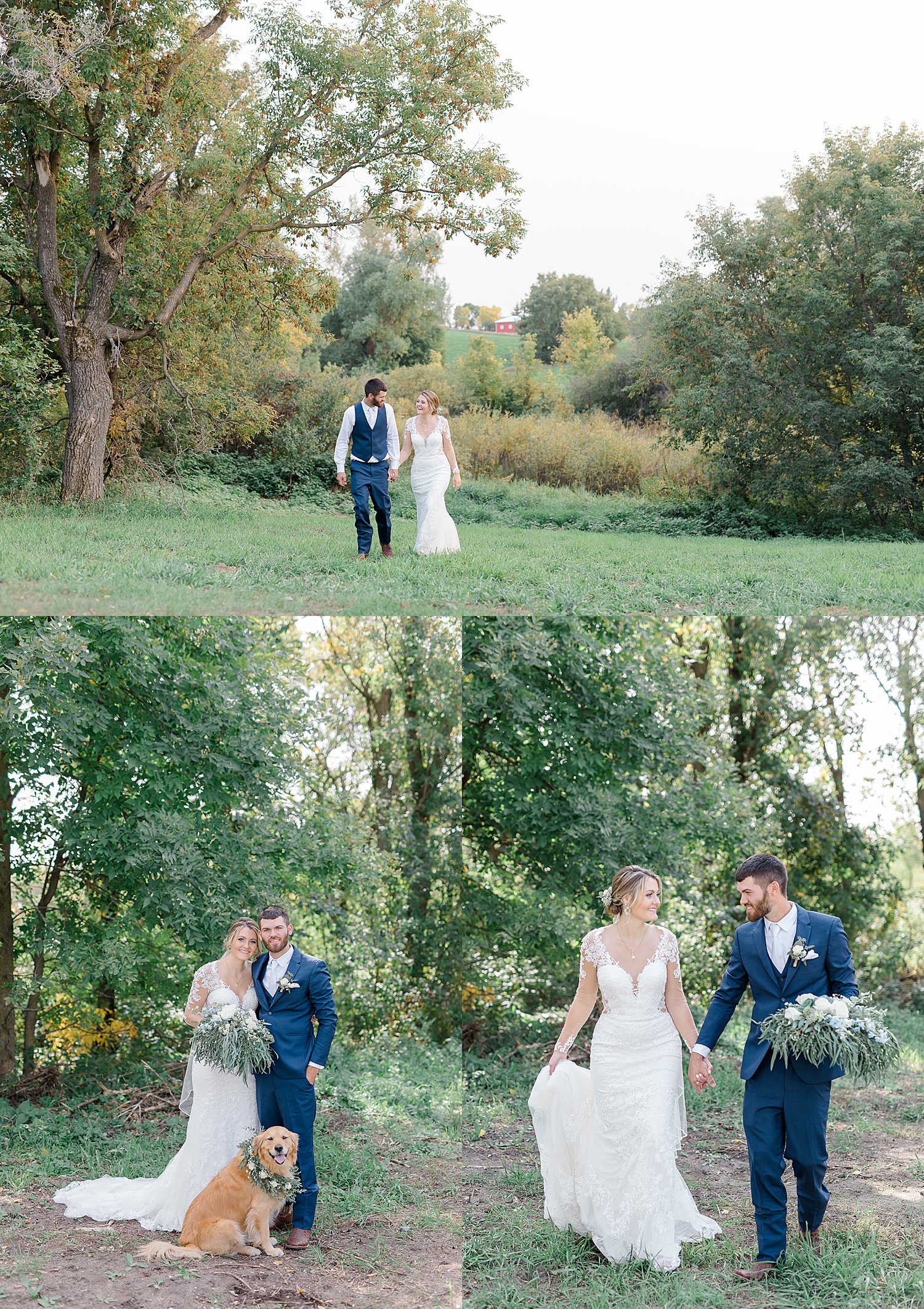 bride and groom with dog holding wedding bouquet and holding hands