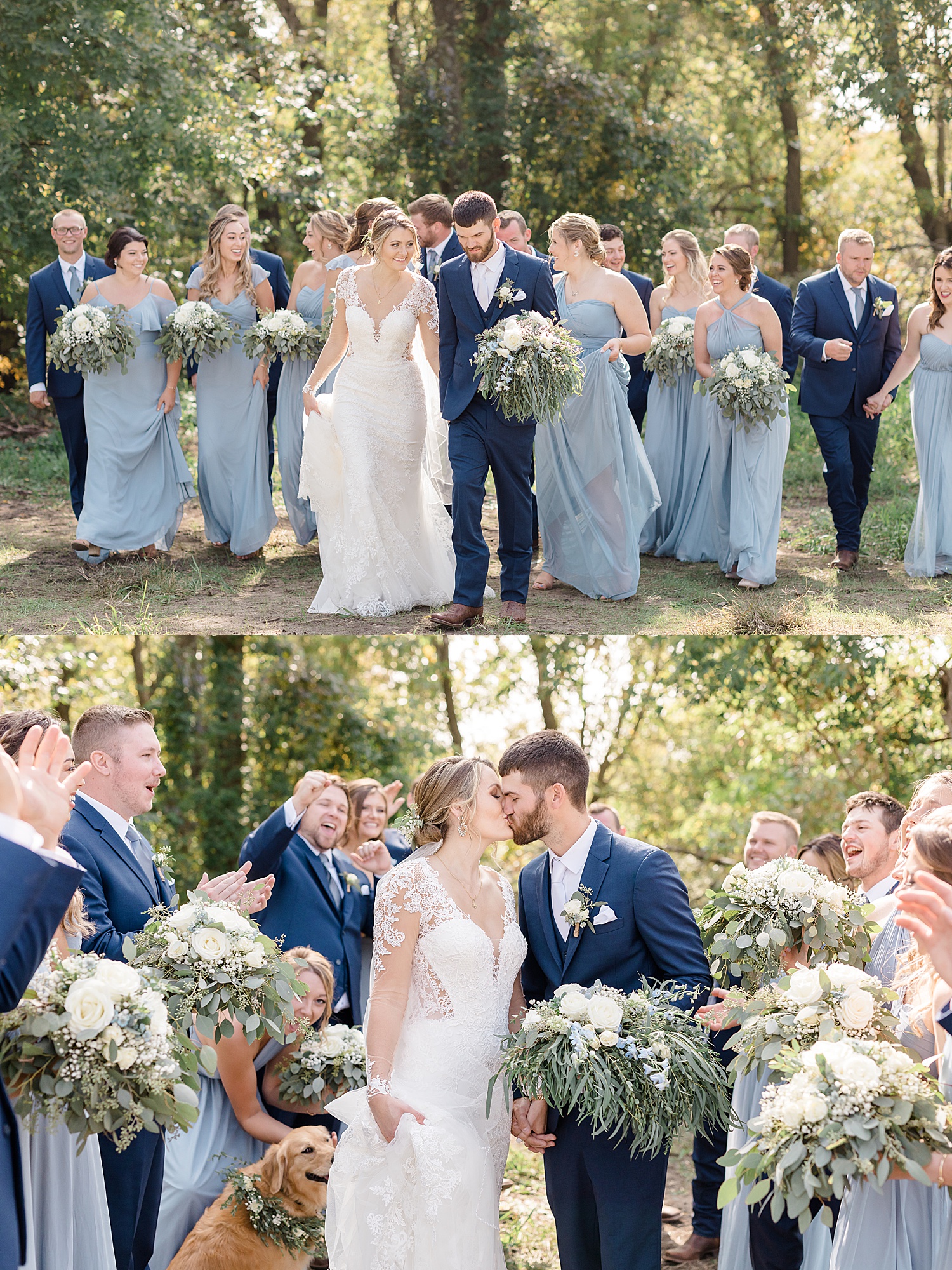 wedding party in blue suits and ladies in baby blue dresses holding wedding bouquets 