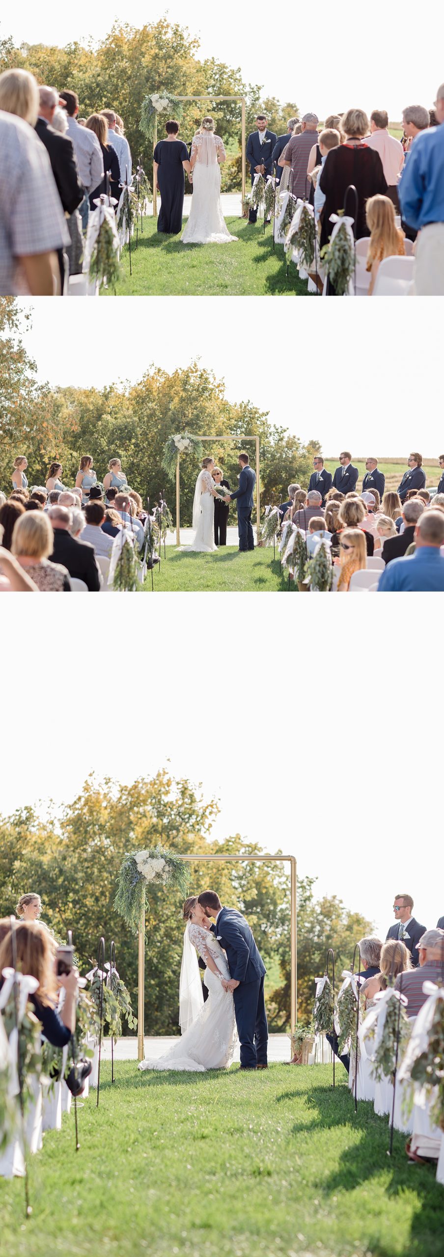 bride and groom first kiss at wedding venue in Minnesota 