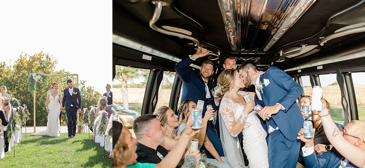 wedding party on party bus with Minnesota wedding photographer 