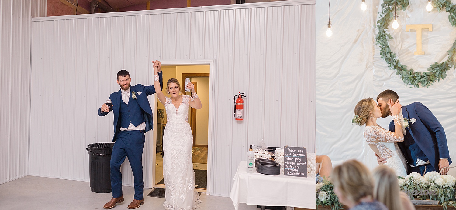 grand entrance of bride and groom into wedding reception 