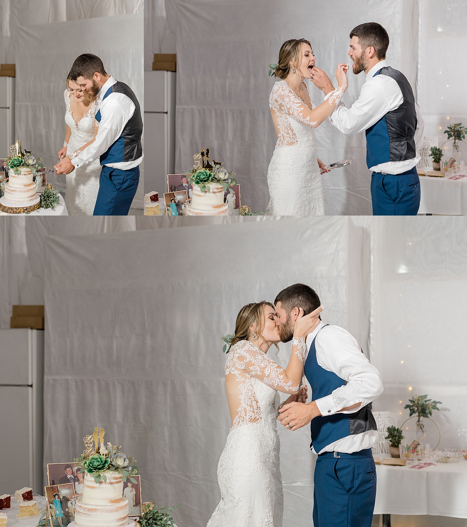 bride and groom cut wedding cake and share kiss at wedding reception