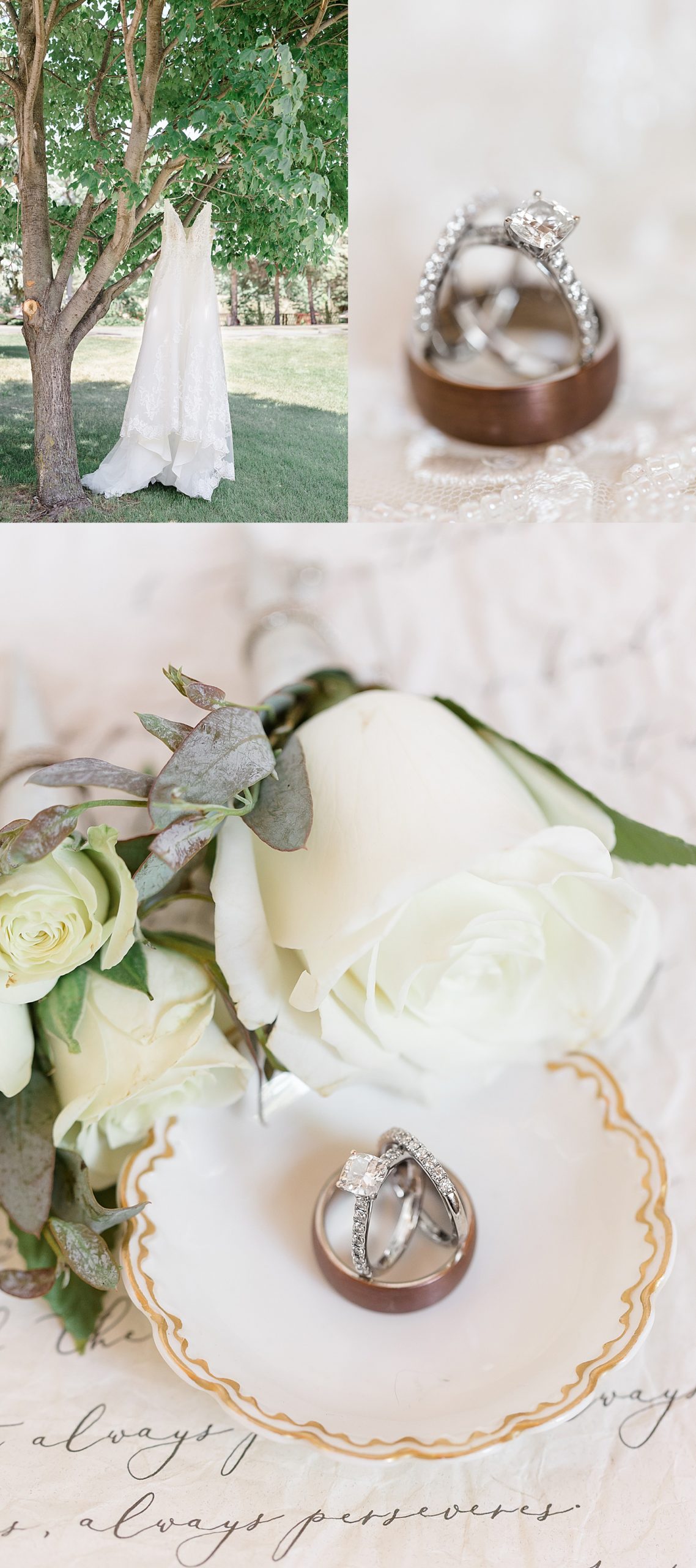 wedding dress hung up at Fair Hills Resort in Minnesota near white rose wedding bouquet 