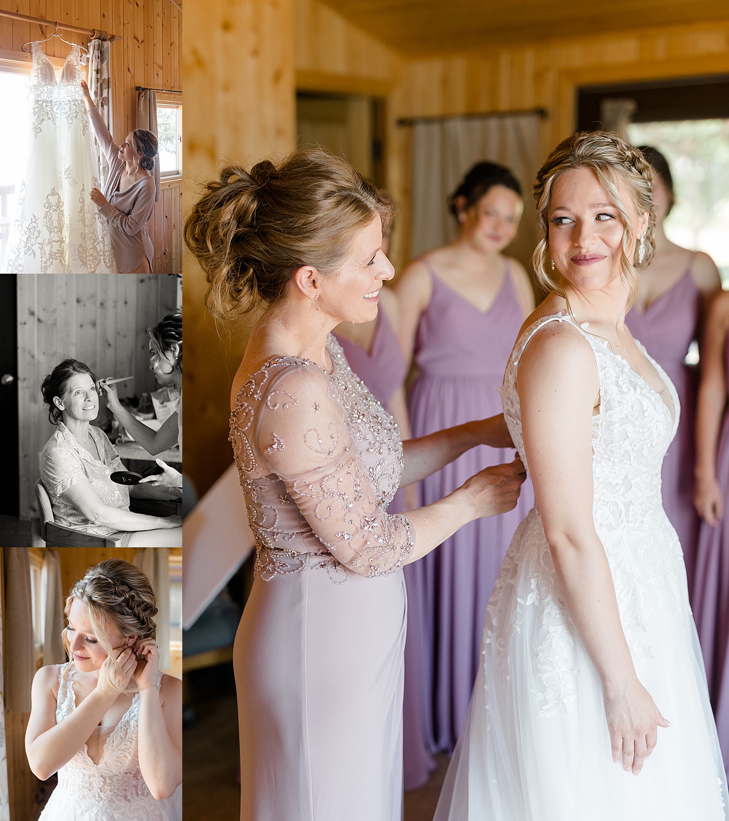 mother of bride helps daughter with final details before first look with groom 