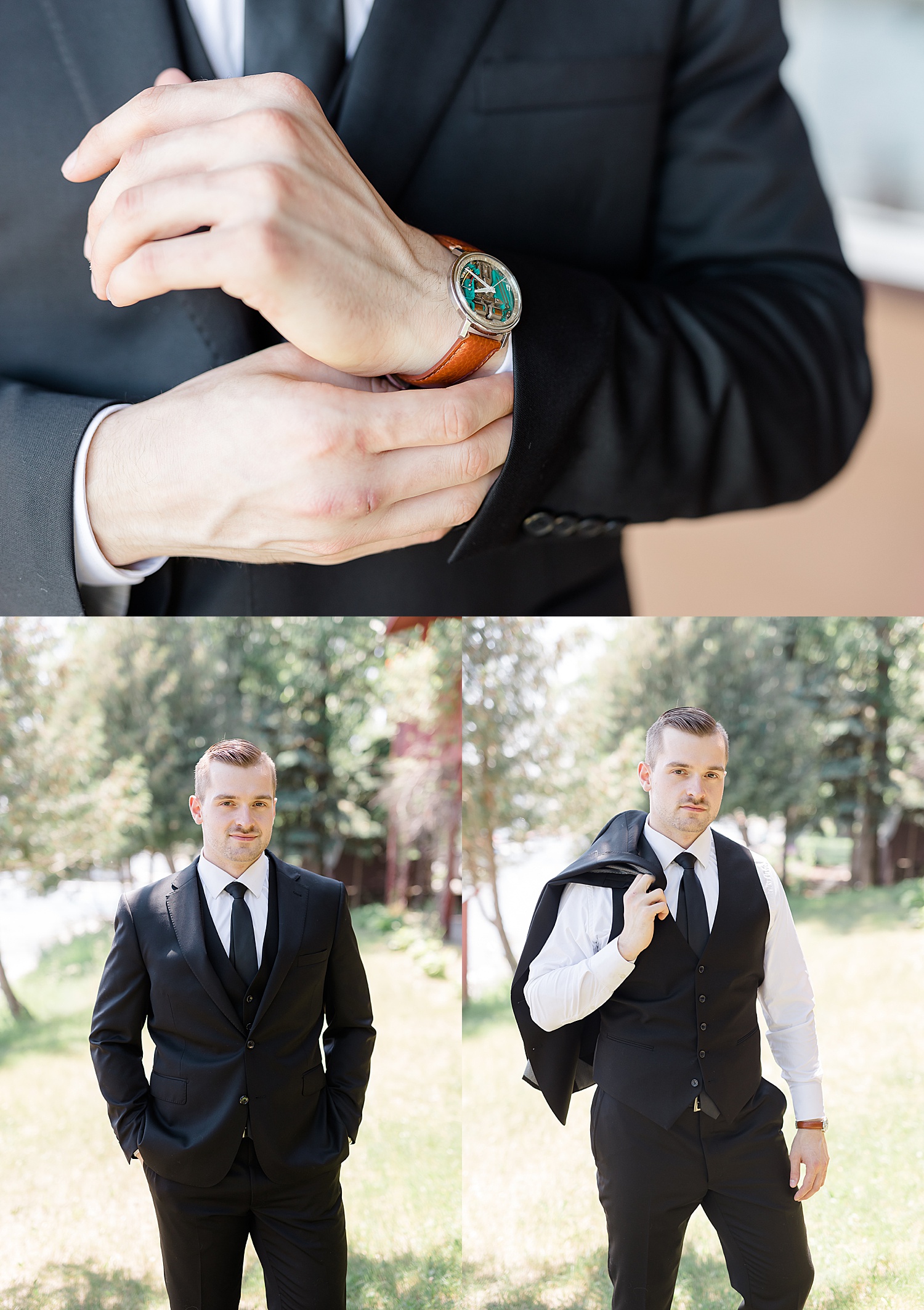 groom wearing a leather strapped watch and a black suit with a black tie  at Fair Hills Resort
